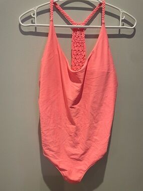 Aerie Bright Coral Pink One-Piece Swimsuit with braided straps and back detail